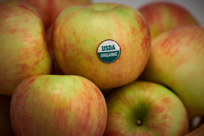 Close shot of apples and USDA Organic sticker