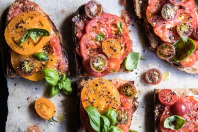 Heirloom Tomato, Basil, and Manchego toasts